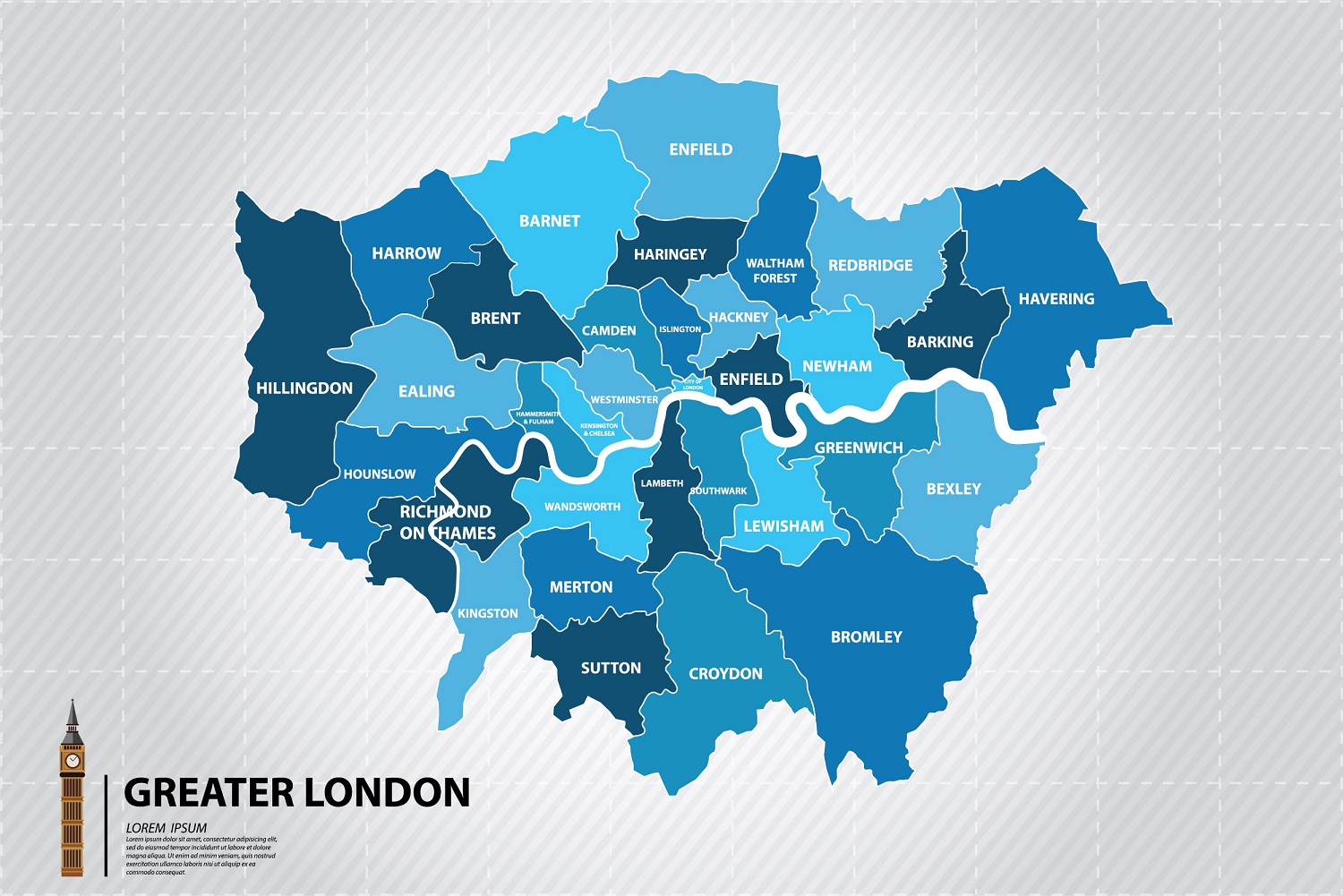 Greater,London,Map,Showing,All,Boroughs.,Big,Ben,the,Icons,Of